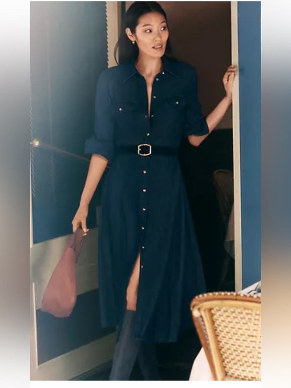 Ann Taylor Dark Wash Denim Chambray Belted Midi Shirtdress NWOT Size 8